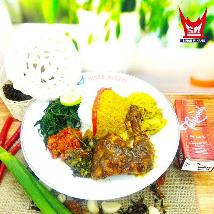 nasi ayam rendang teh botol kotak krupuk